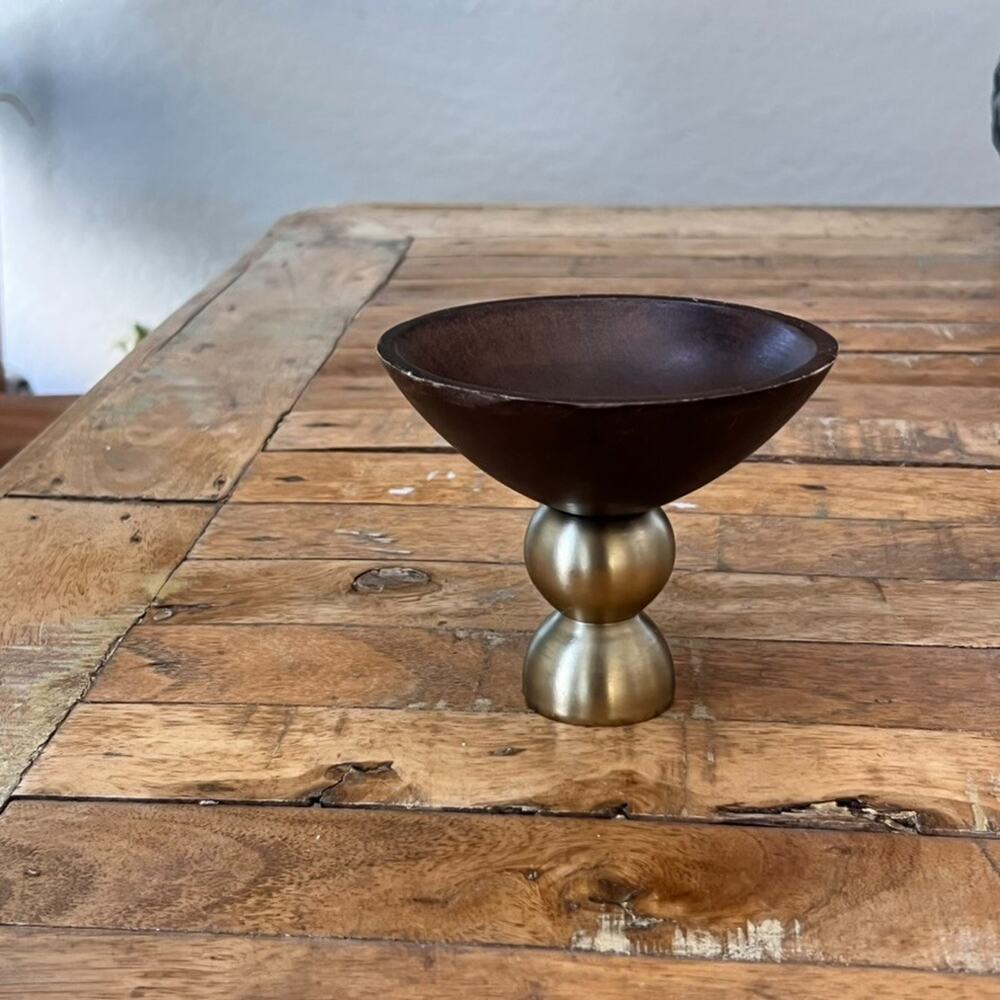 Decorative Dark Wood and Brass Finish Footed Bowl Candle Holder 3.75" Tall